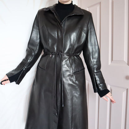 Black real leather long coat with belt UK 12