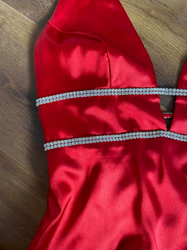 Red halter-neck diamanté evening gown UK 10-12