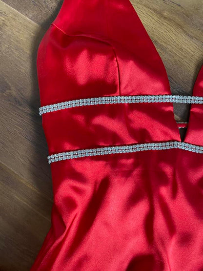 Red halter-neck diamanté evening gown UK 10-12