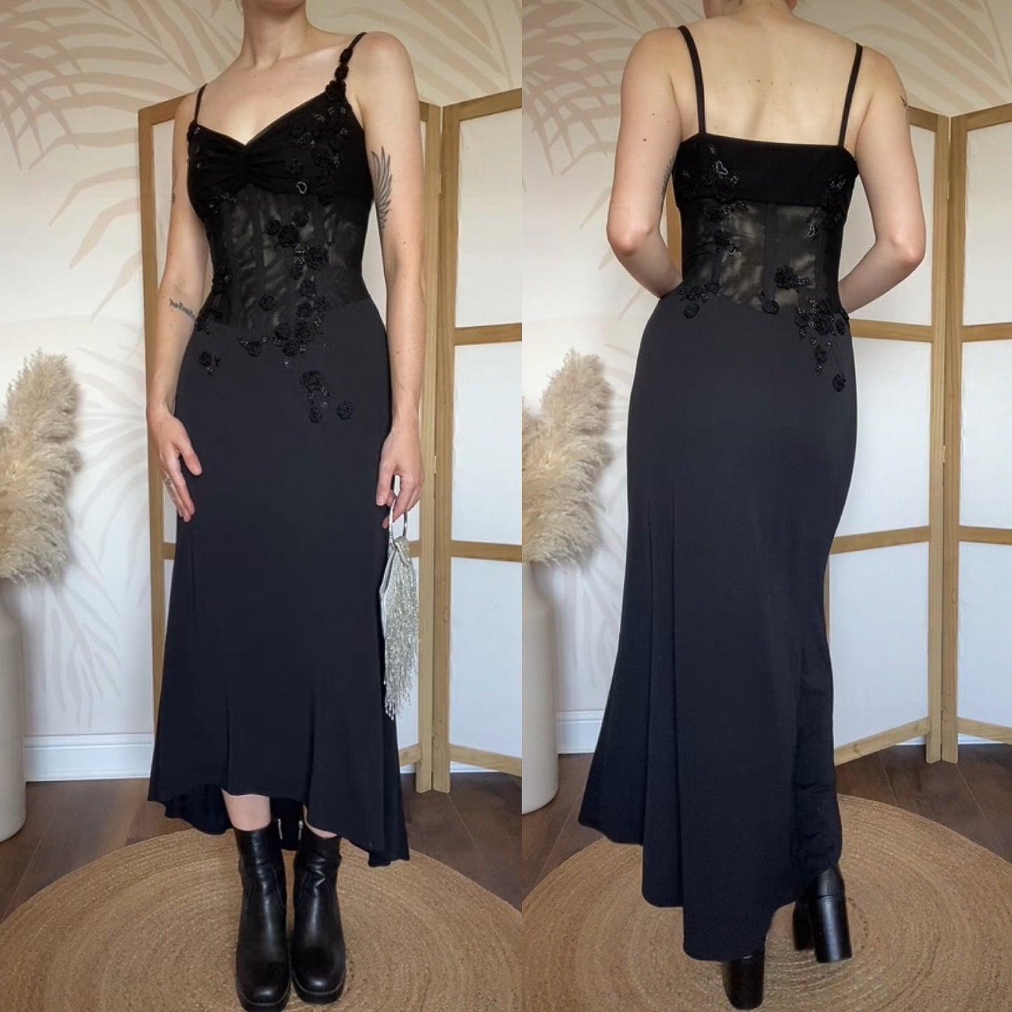Black Dusk stretch sheer waist evening dress UK 12