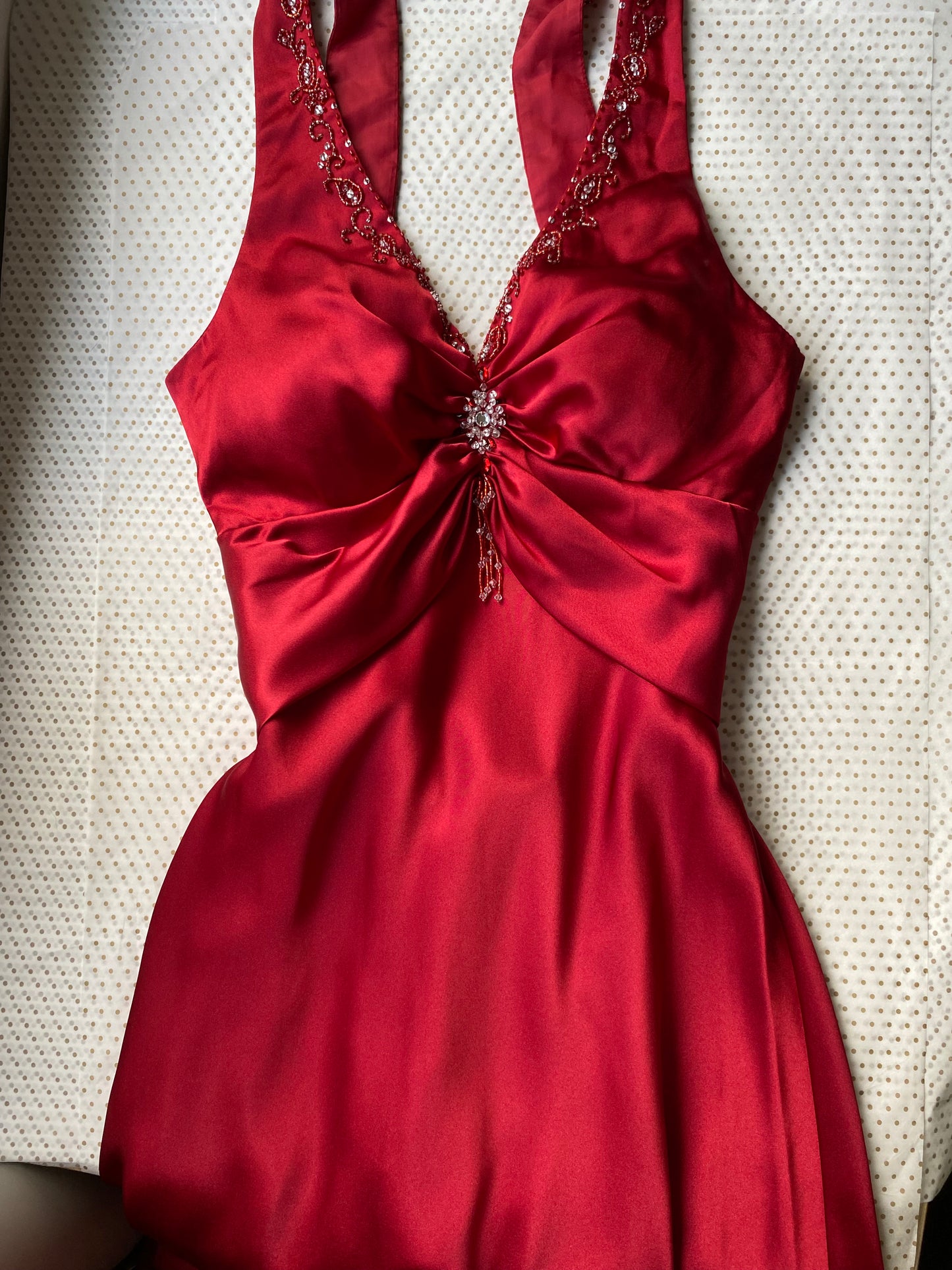 Niki Livas red satin evening dress UK 10