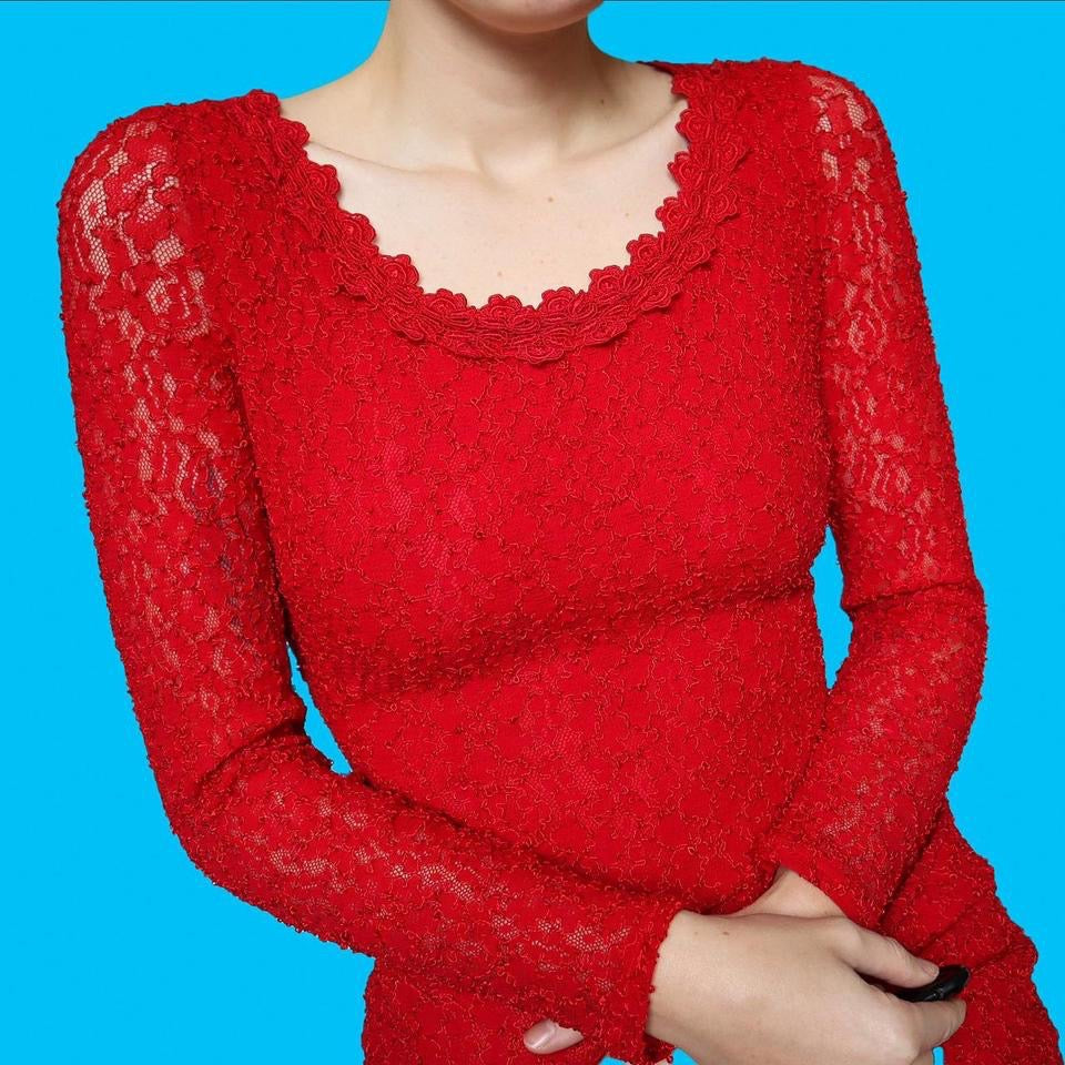 Red lace long sleeve stretch party dress UK 10