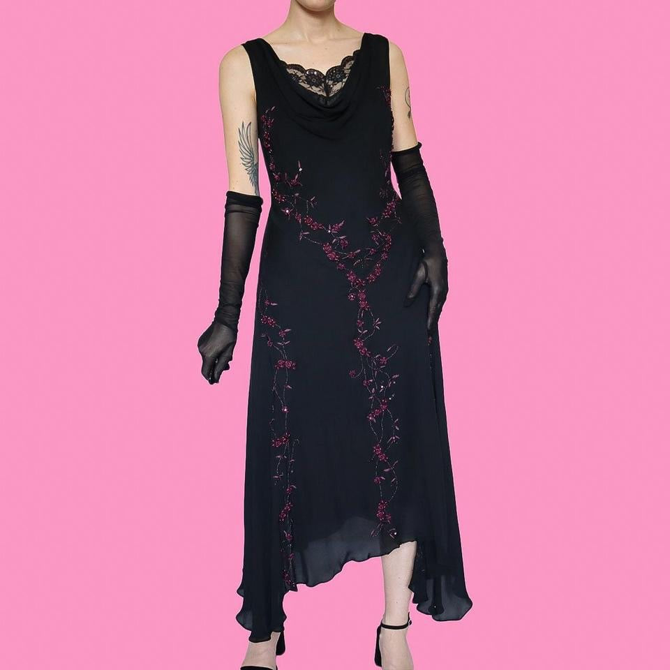 Black 100% silk floral detail midi dress UK 16