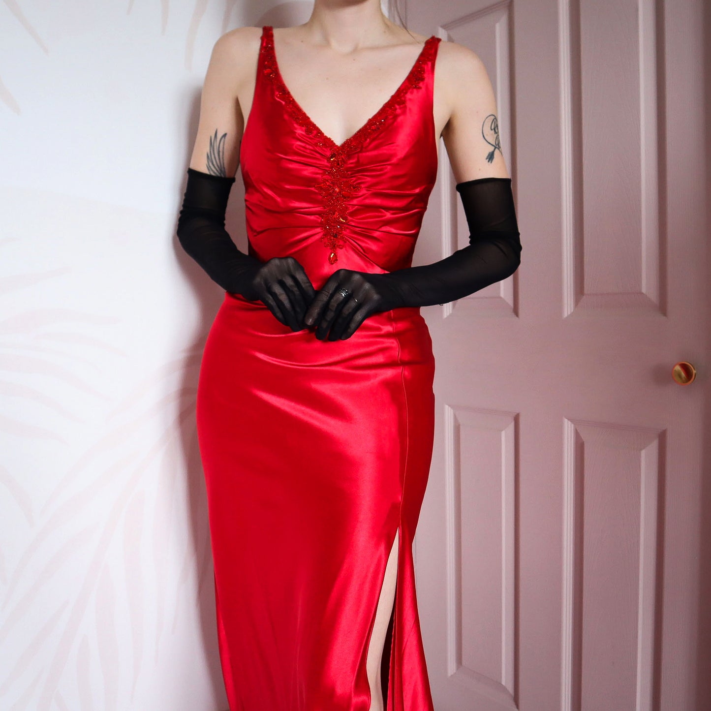 Dave & Johnny red satin open back evening gown UK 10