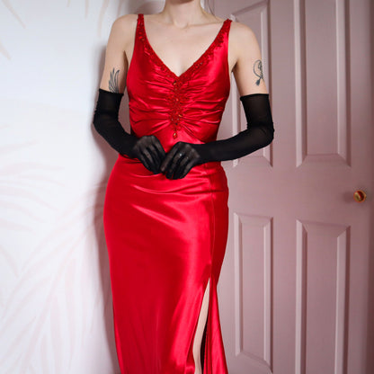Dave & Johnny red satin open back evening gown UK 10