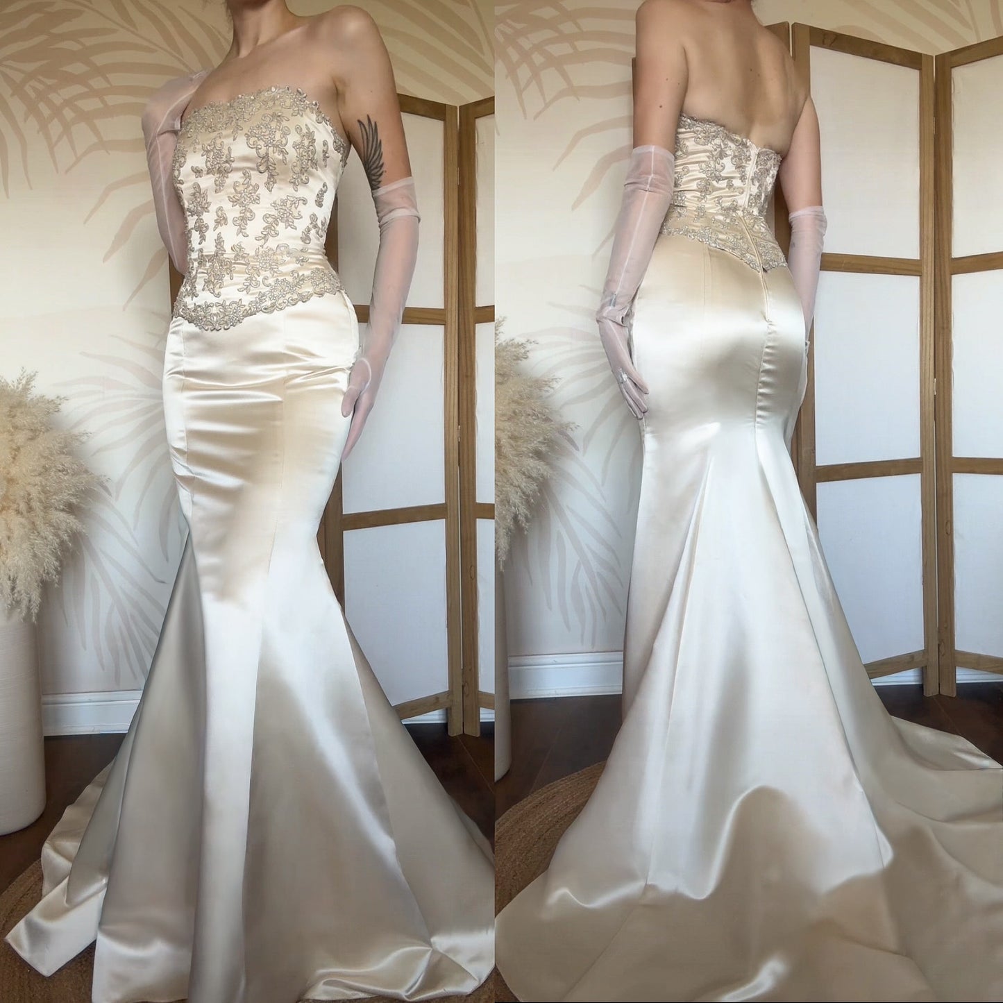 Champagne strapless lace wedding dress uk 12