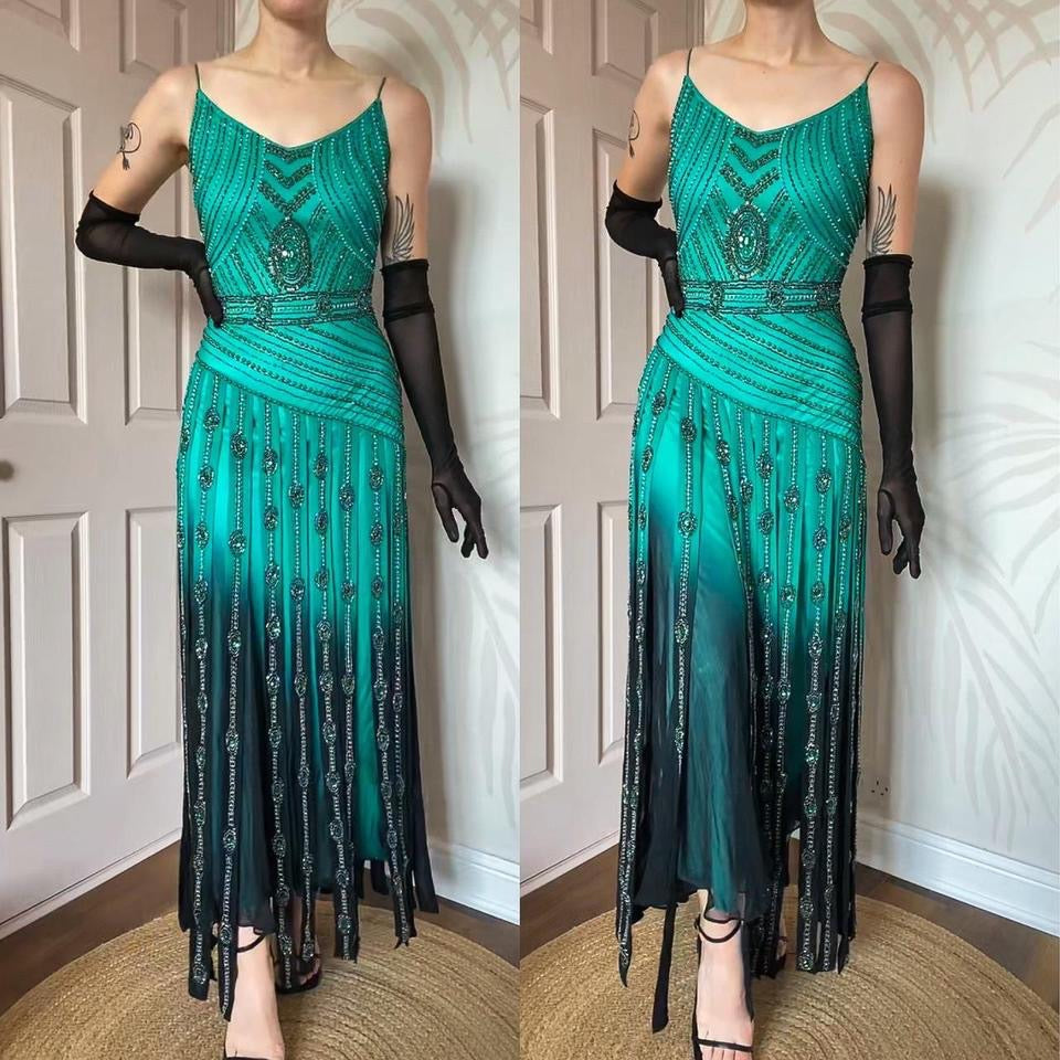 Green Aftershock heavily beaded evening dress UK 12