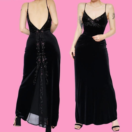 Flori Vintage 90s Black Velvet Beaded Evening Gown UK 10 & 14