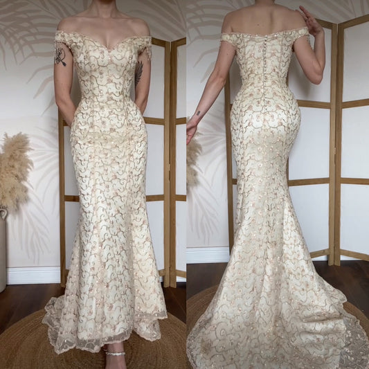 Justin Alexander cream off shoulder embroidered wedding dress uk 8