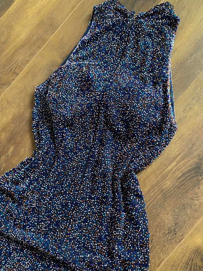 Navy silk high neck beaded evening dress UK 12-14