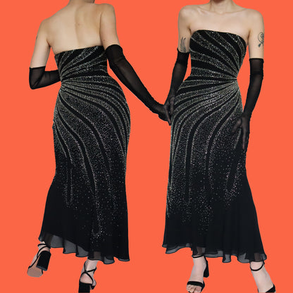 Black beaded strapless gown UK 12
