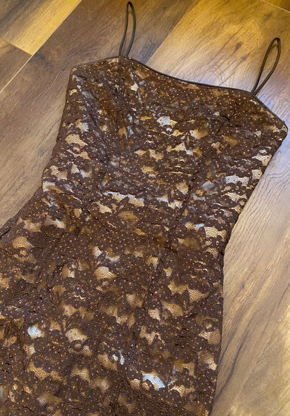 Dave & Johnny brown lace glittery evening gown UK 6