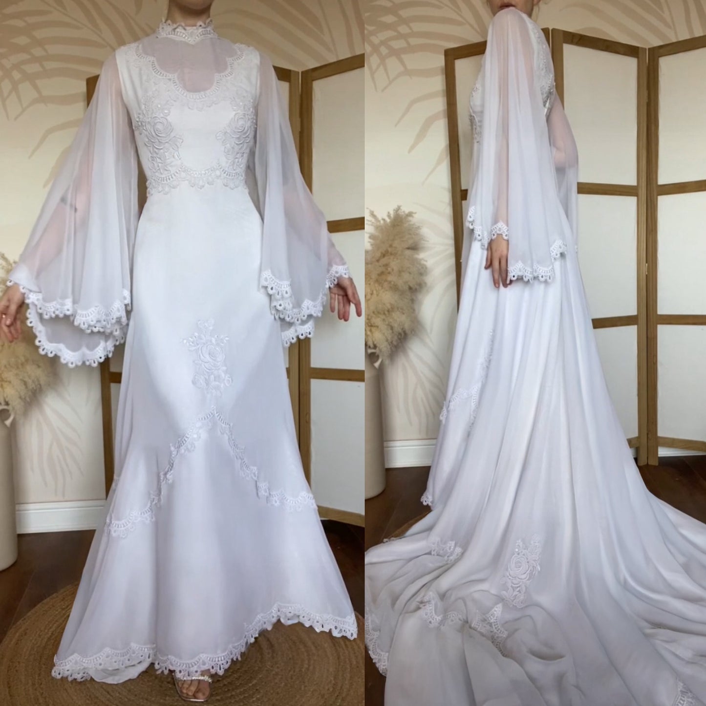 White 70s lace flared sleeve wedding dress uk 10-12