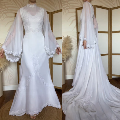 White 70s lace flared sleeve wedding dress uk 10-12