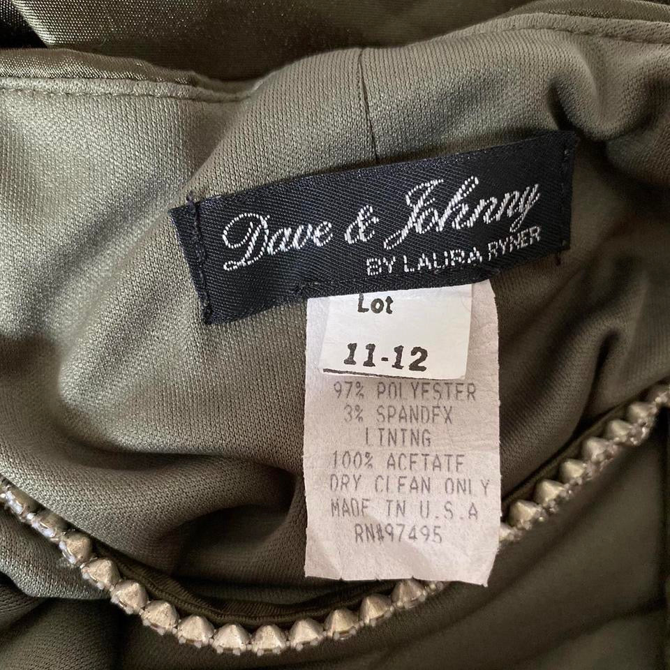 Khaki green Dave & Johnny vintage satin diamanté evening gown UK 12