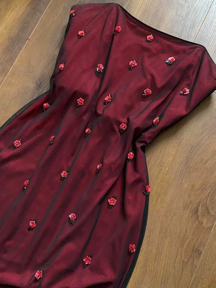 Papell Boutique red stretch floral evening dress uk 12-14