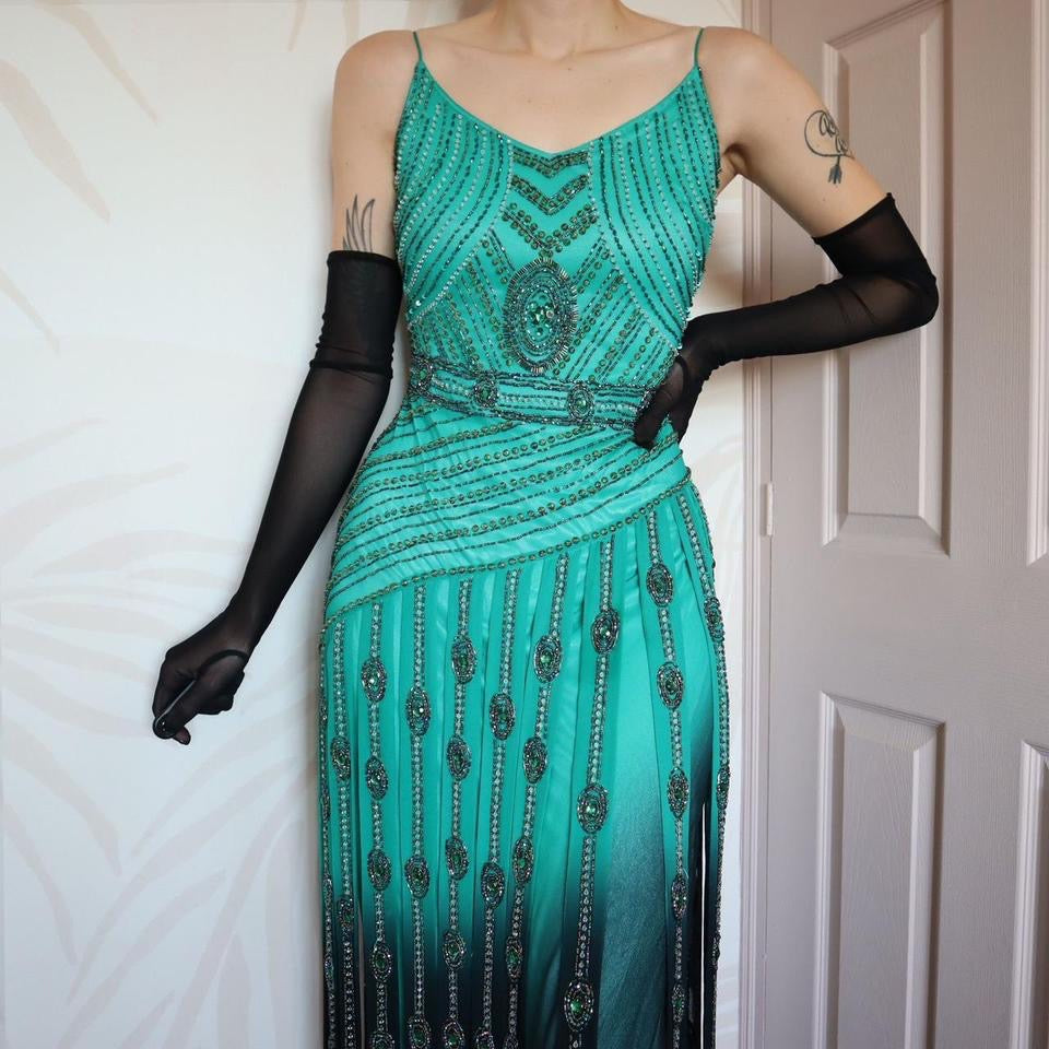 Green Aftershock heavily beaded evening dress UK 12