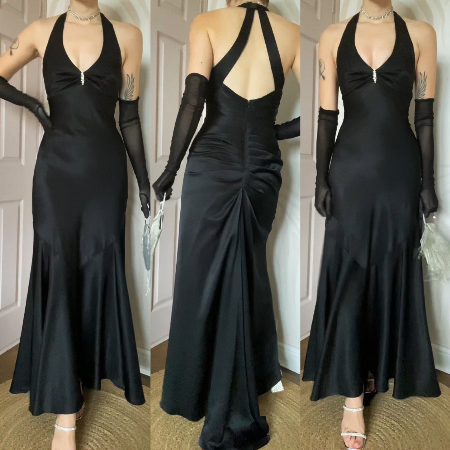 Flori black silky fishtail evening dress UK 10