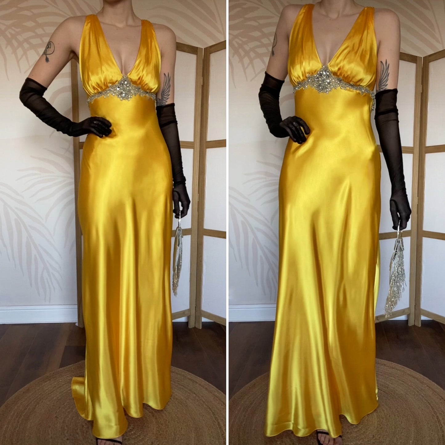 Niki Livas silky yellow evening prom dress UK 12