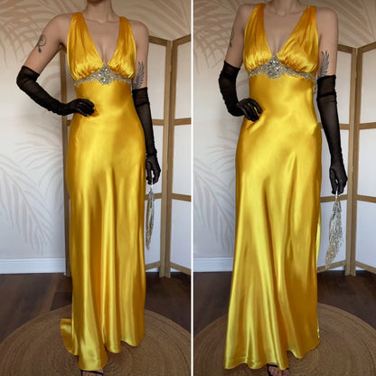 Niki Livas silky yellow evening prom dress UK 12