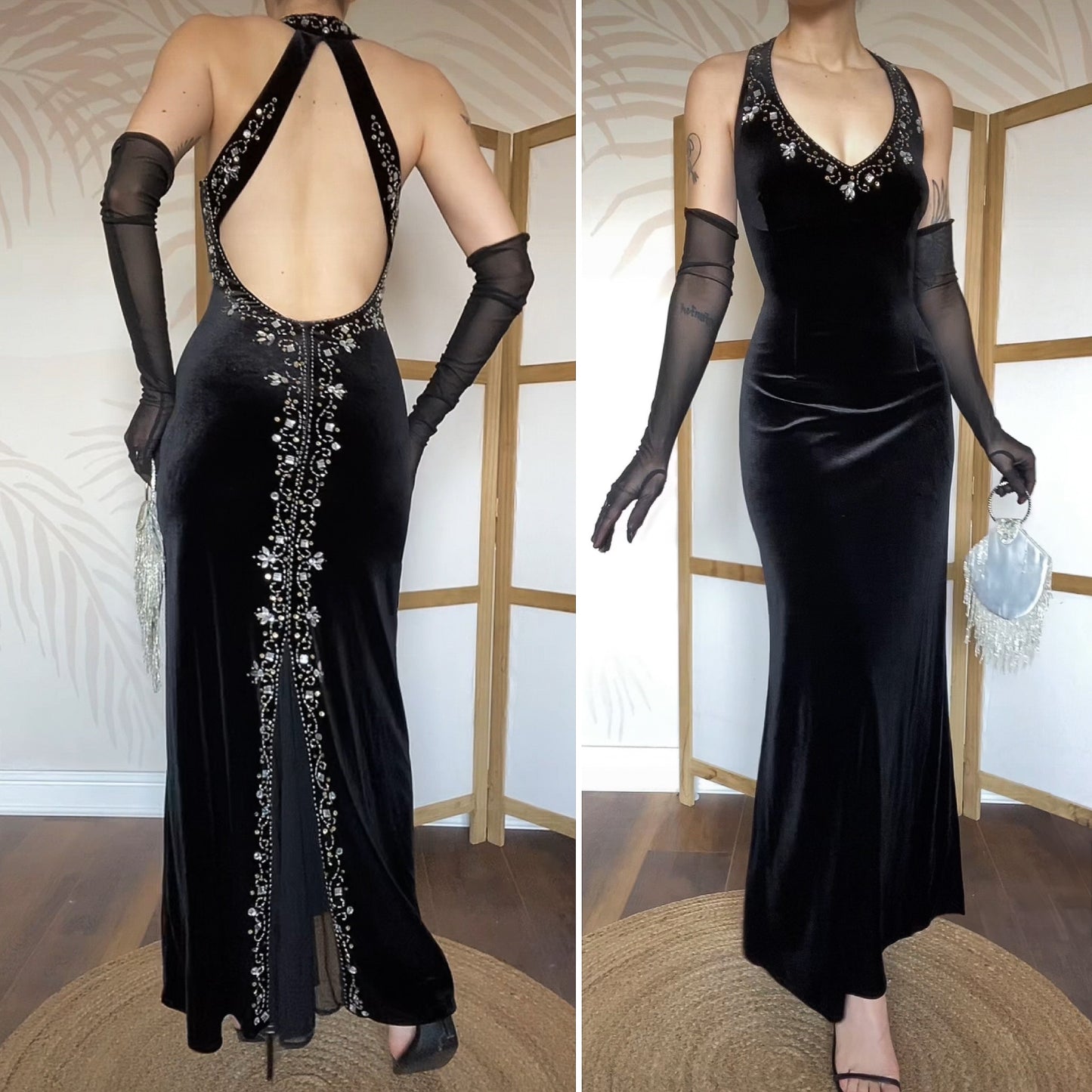 Flori Design black velvet beaded evening dress UK 14