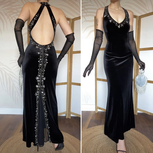 Flori Design black velvet beaded evening dress UK 14