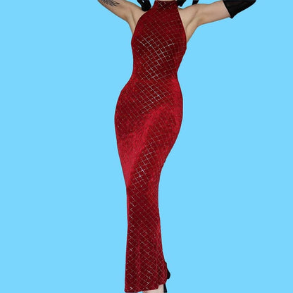 Red stretch high neck glittery evening dress UK 10