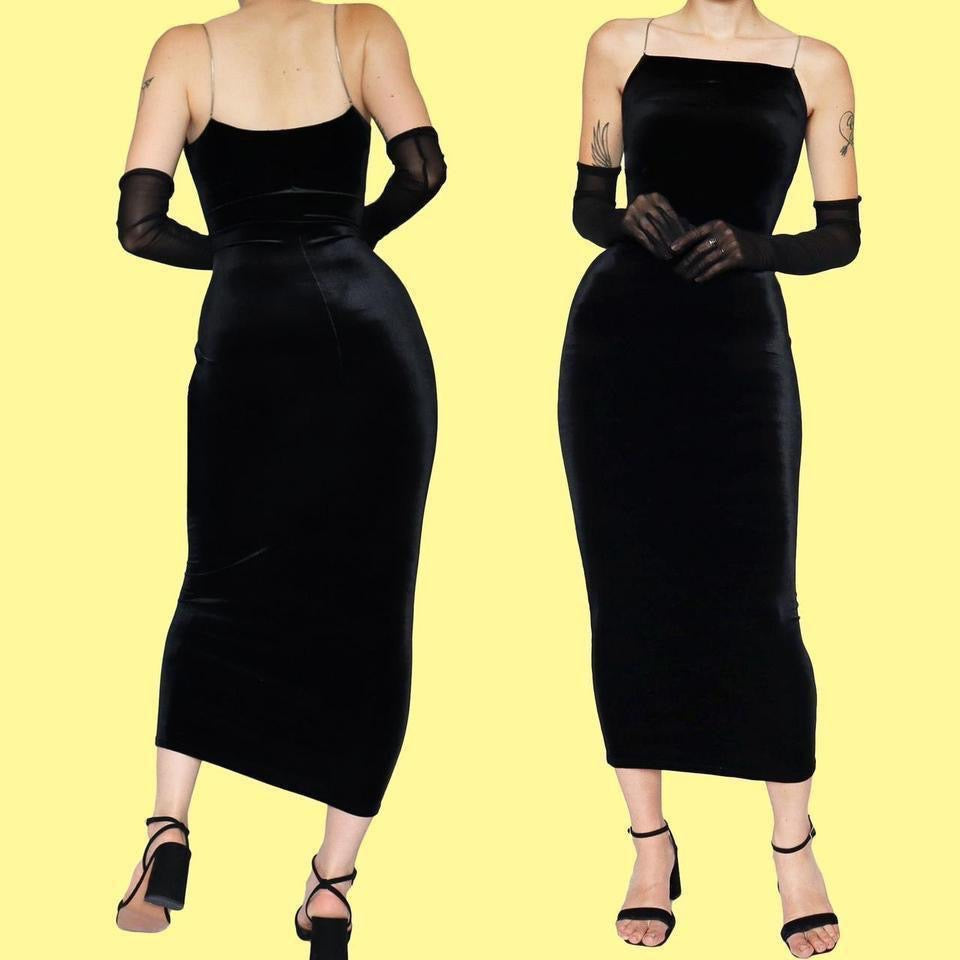 Black velvet bodycon evening dress UK 14