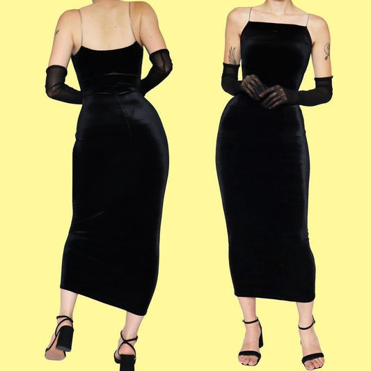 Black velvet bodycon evening dress UK 14