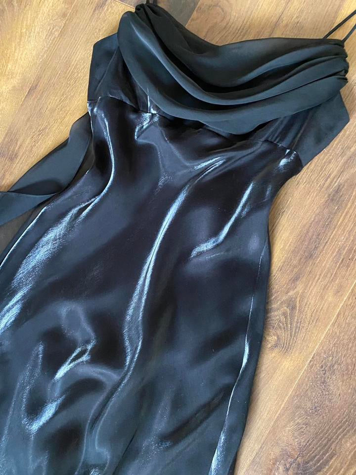 Silky black chiffon detail prom dress uk 14