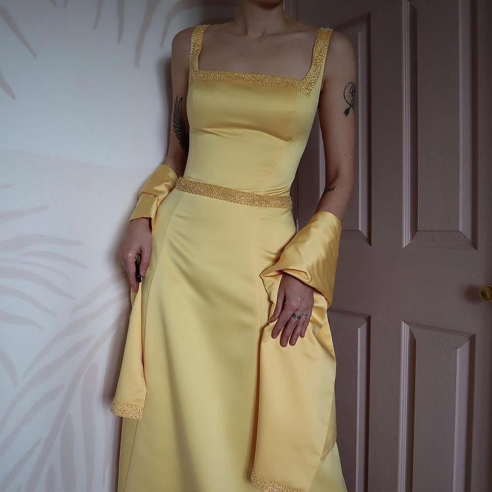 Hilary Morgan yellow a-line dress & shawl UK 16-18