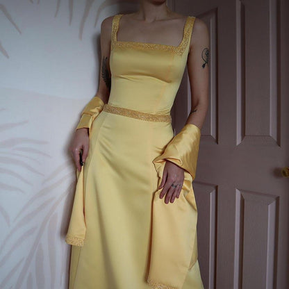 Hilary Morgan yellow a-line dress & shawl UK 16-18