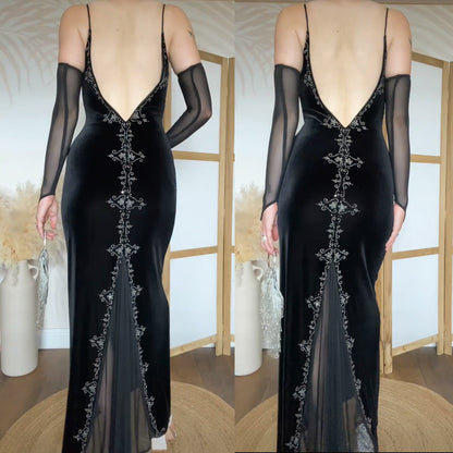 Black velvet beaded stretch evening dress uk 12-14