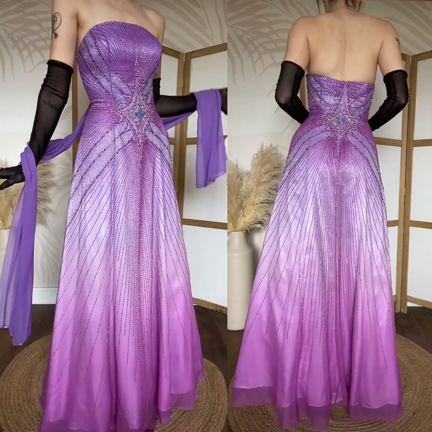 Purple silk beaded prom dress & shawl uk 12