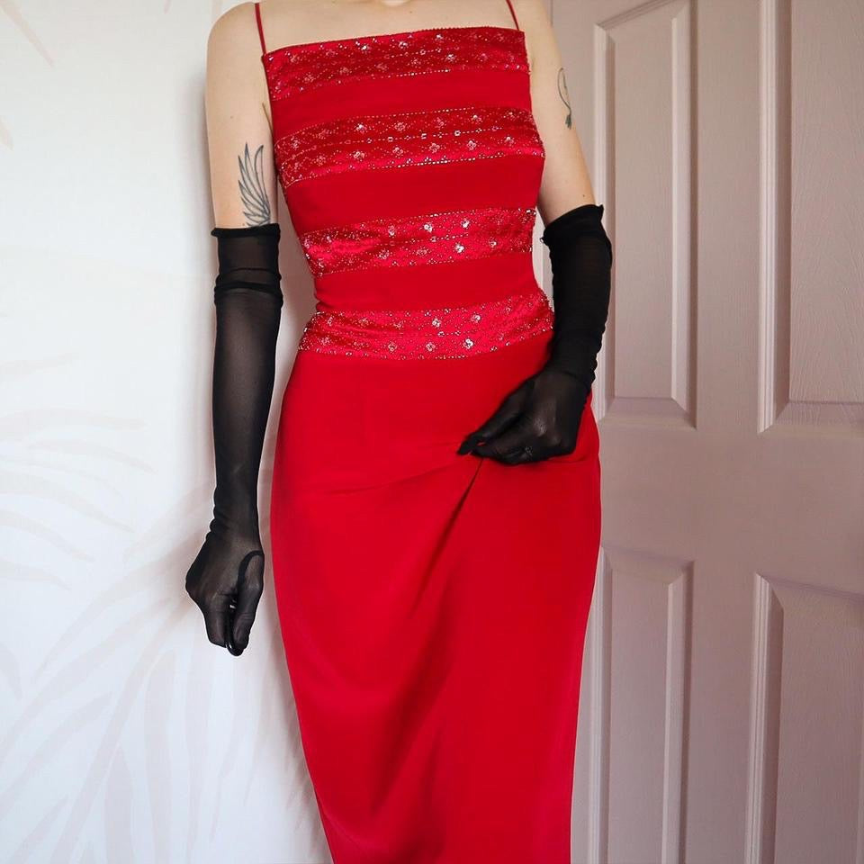 Red Vintage John Charles Beaded Sheer Back Evening Dress UK 14