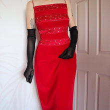 Load image into Gallery viewer, Red Vintage John Charles Beaded Sheer Back Evening Dress UK 14
