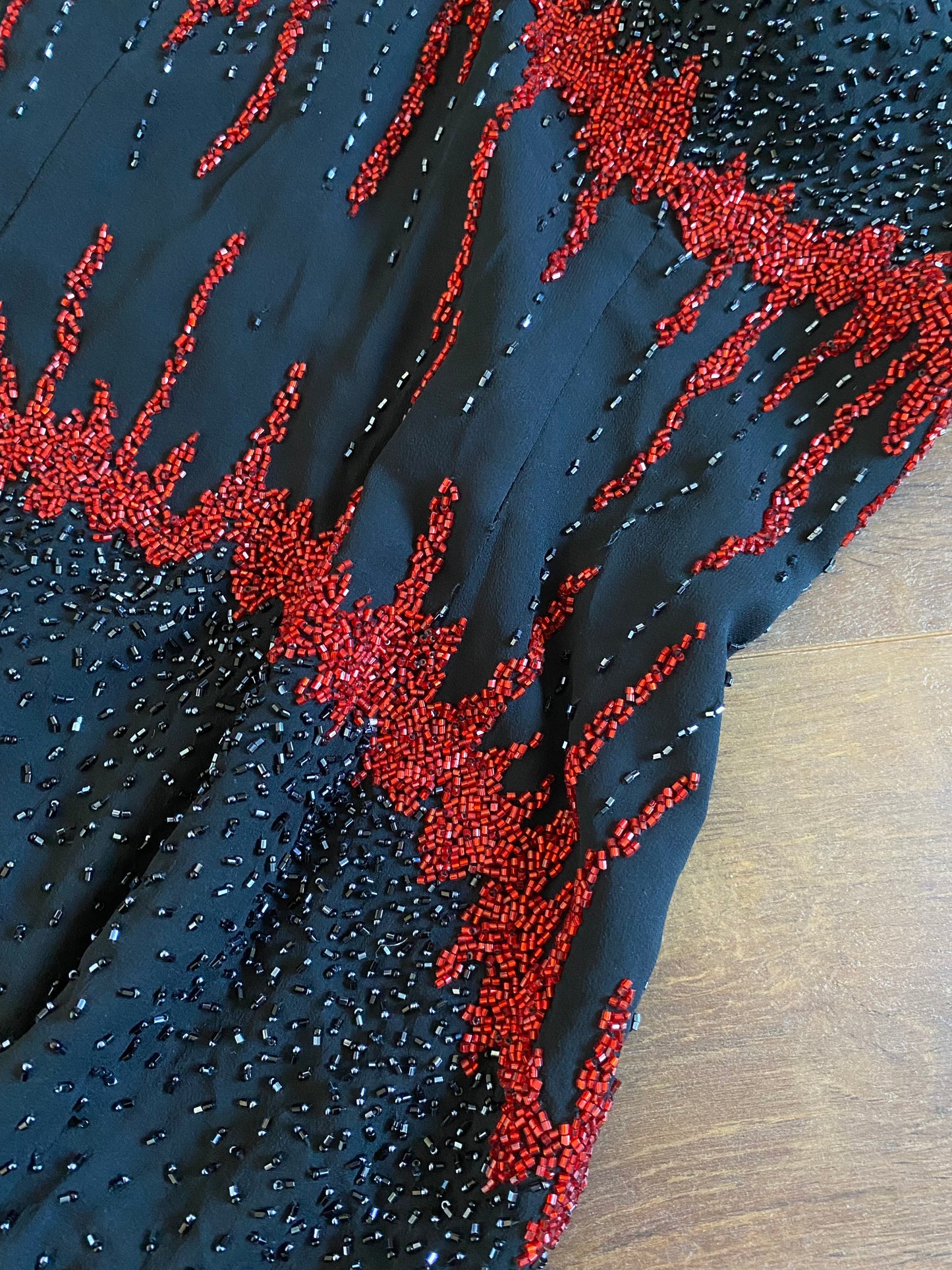 Black & red 100% silk beaded evening dress UK 14