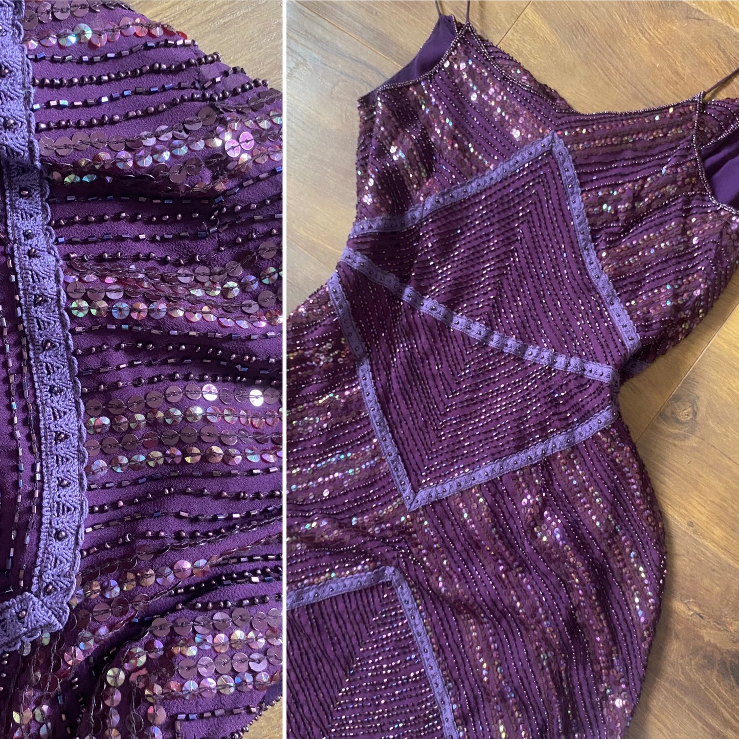 Purple 100% silk beaded evening gown uk 10-12