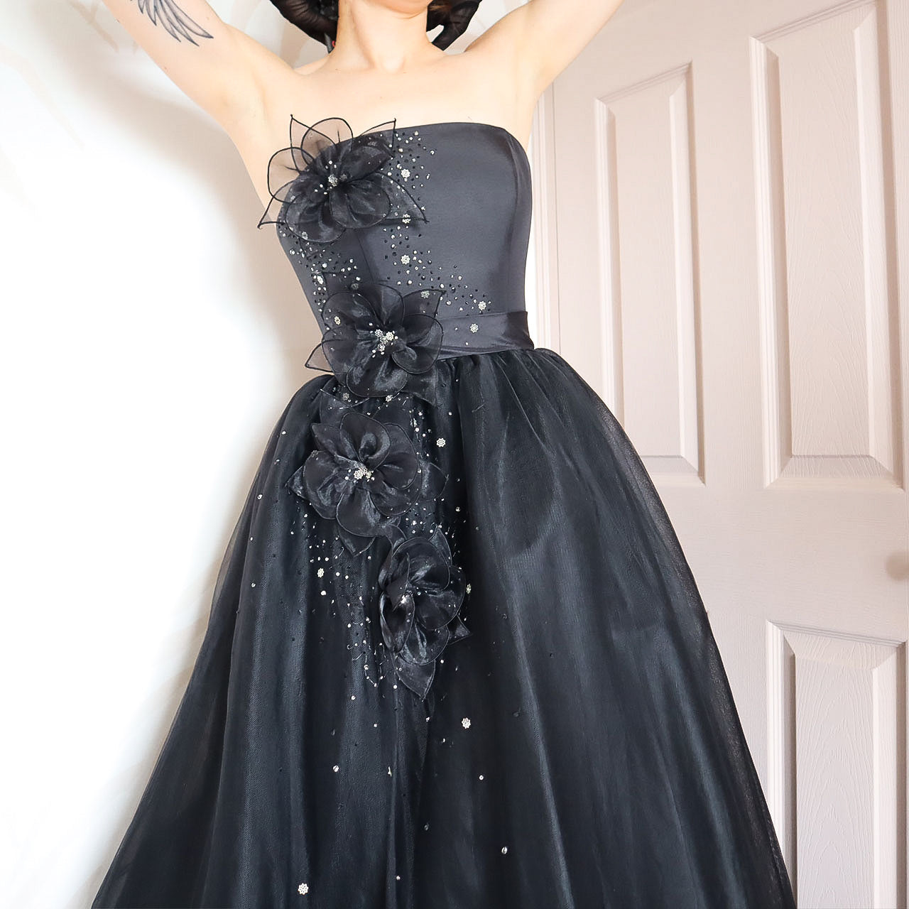 Vintage black Hilary Morgan A-line strapless ball gown prom dress UK 6/8