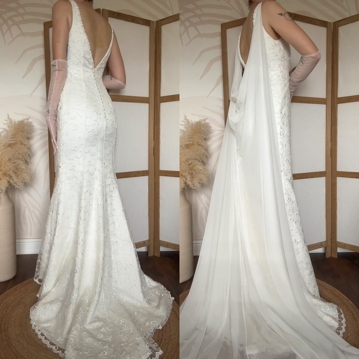 Ivory lace chiffon detail wedding dress uk 10