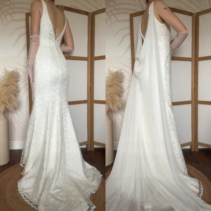 Ivory lace chiffon detail wedding dress uk 10