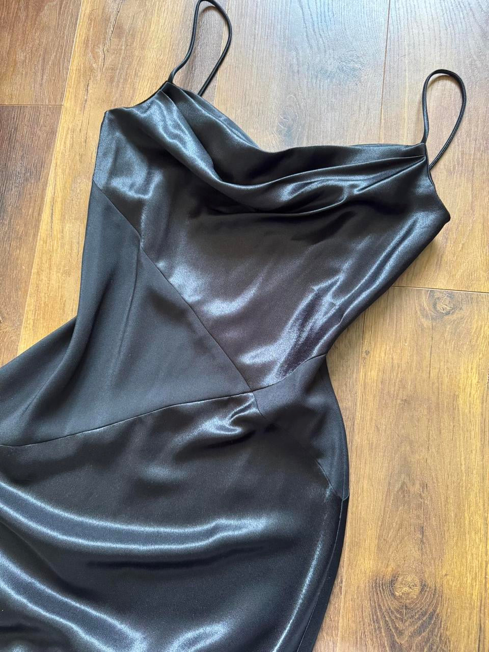 Black satin panelled slip dress uk 12
