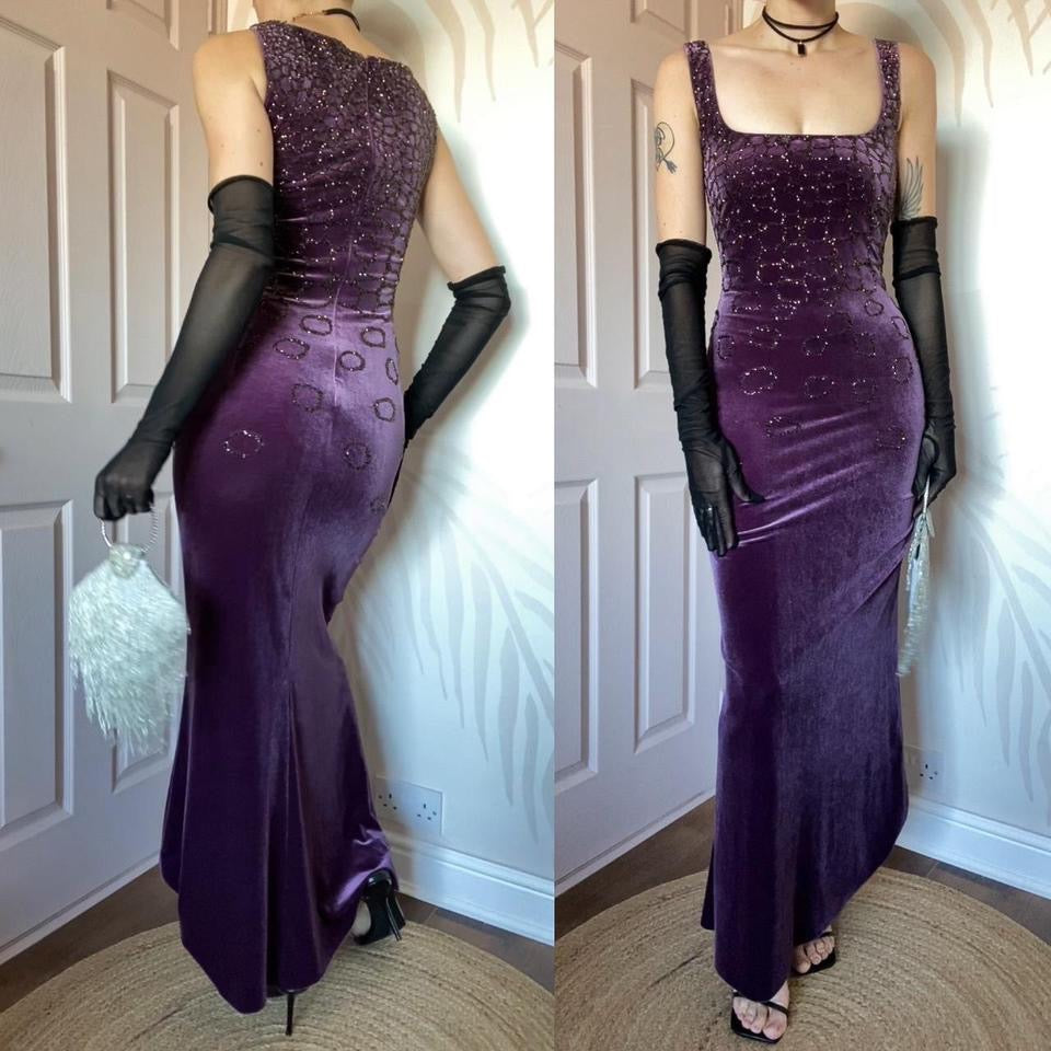 Frank Usher purple velvet beaded gown UK 16