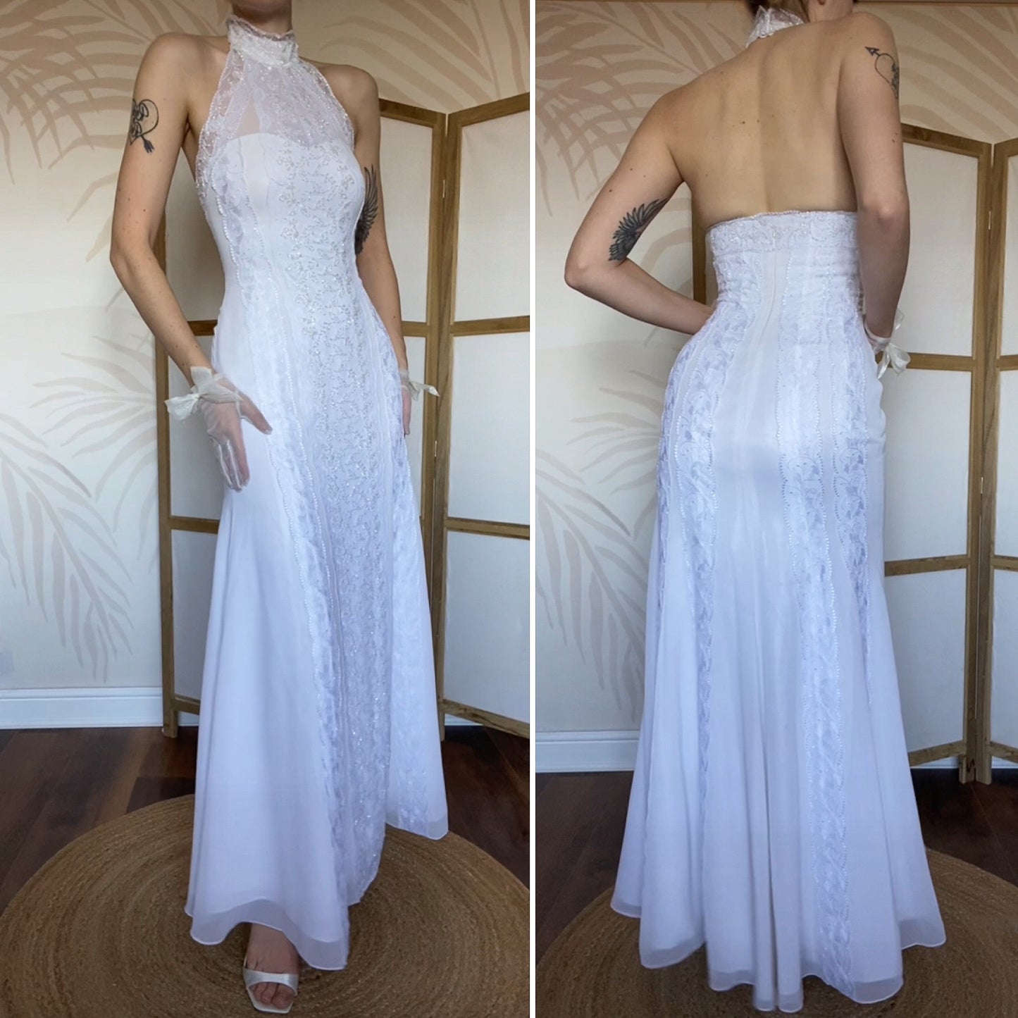 Frank Usher white lace high neck beaded wedding dress UK 12