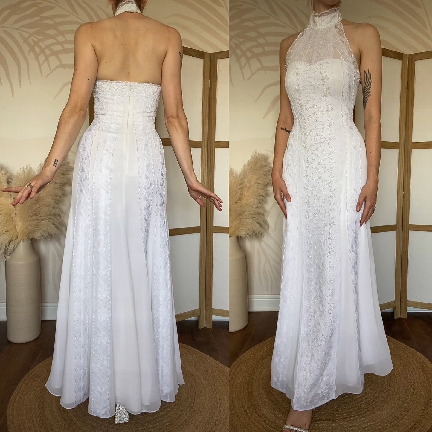 Frank Usher white lace high neck beaded wedding dress UK 12