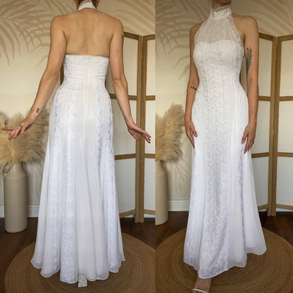 Frank Usher white lace high neck beaded wedding dress UK 12