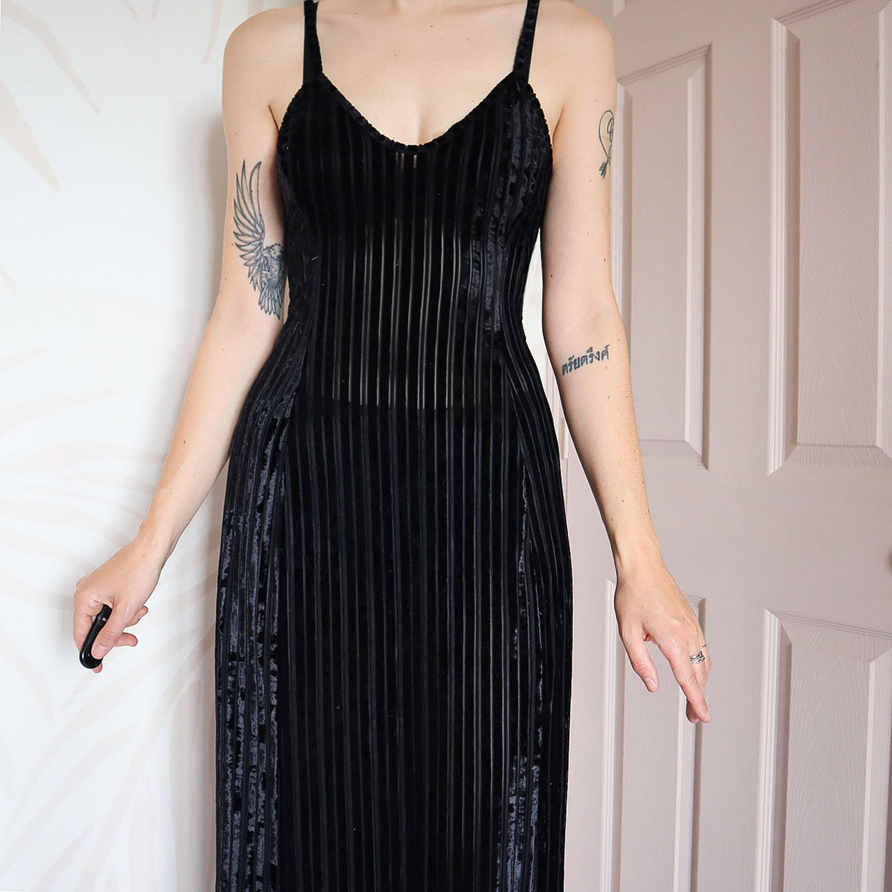 Shirley black velvet bodycon sheer maxi dress UK S