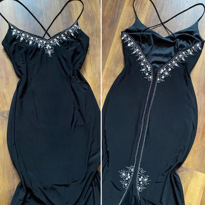Black stretchy beaded & gem evening dress uk 12