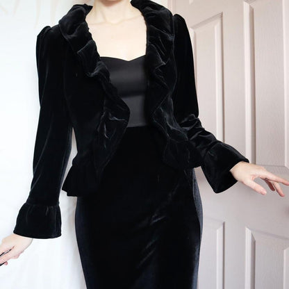 Black velvet ruffle evening jacket UK 10-12