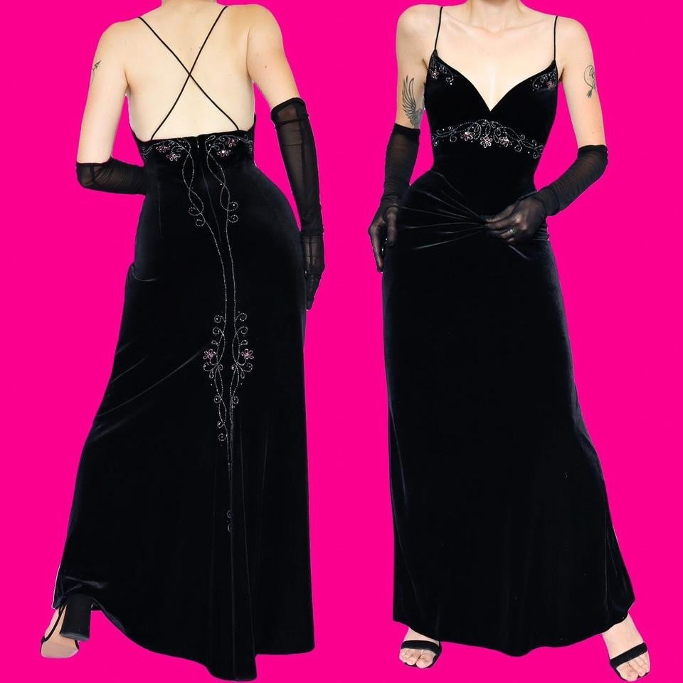 Black velvet beaded evening dress UK 14